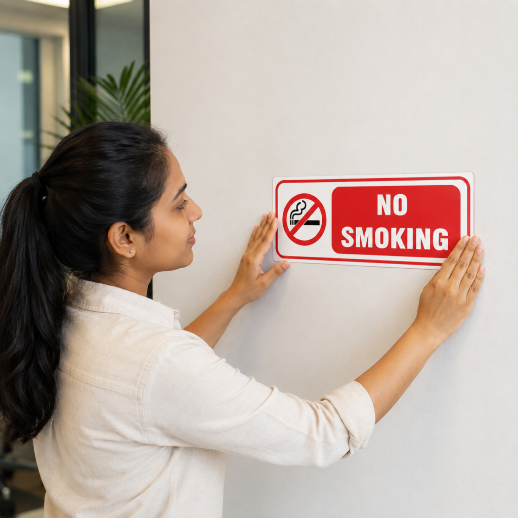 No smoking sticker pasting on wall by tasveeram.in